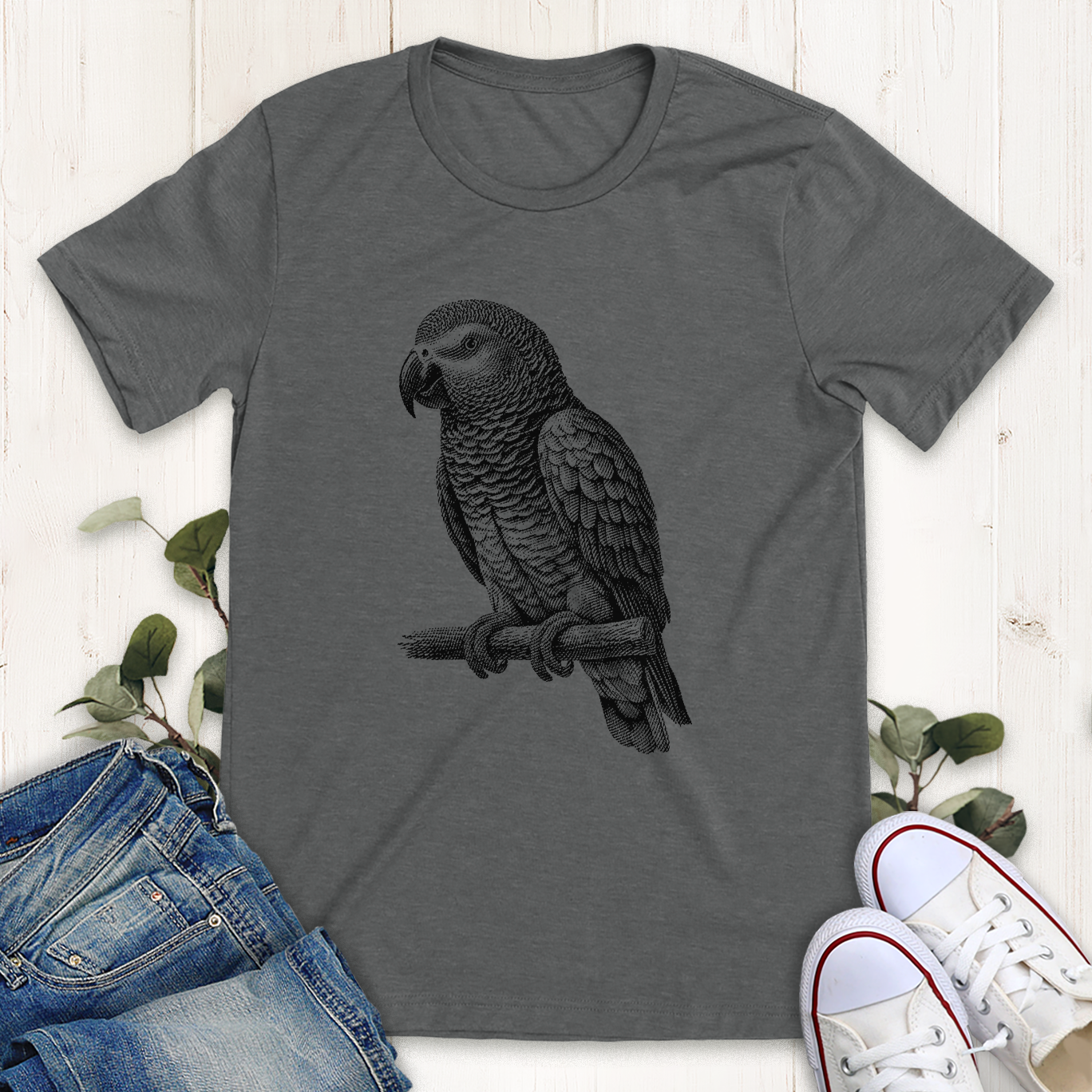 Deep heather African grey parrot graphic t-shirt by Thistle and Brass