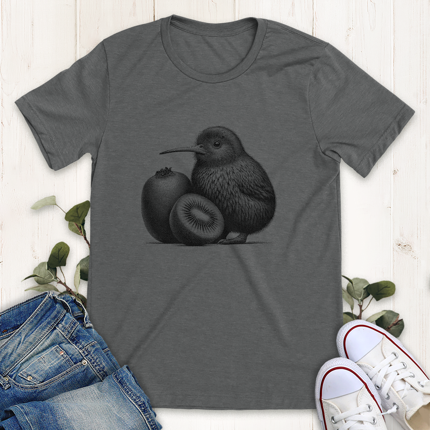 Deep heather grey Kiwi bird with a kiwi graphic t-shirt by Thistle and Brass