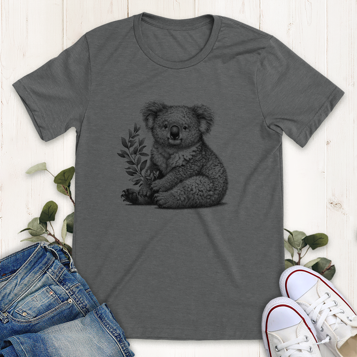 Deep heather Koala with a branch graphic t-shirt by Thistle & Brass