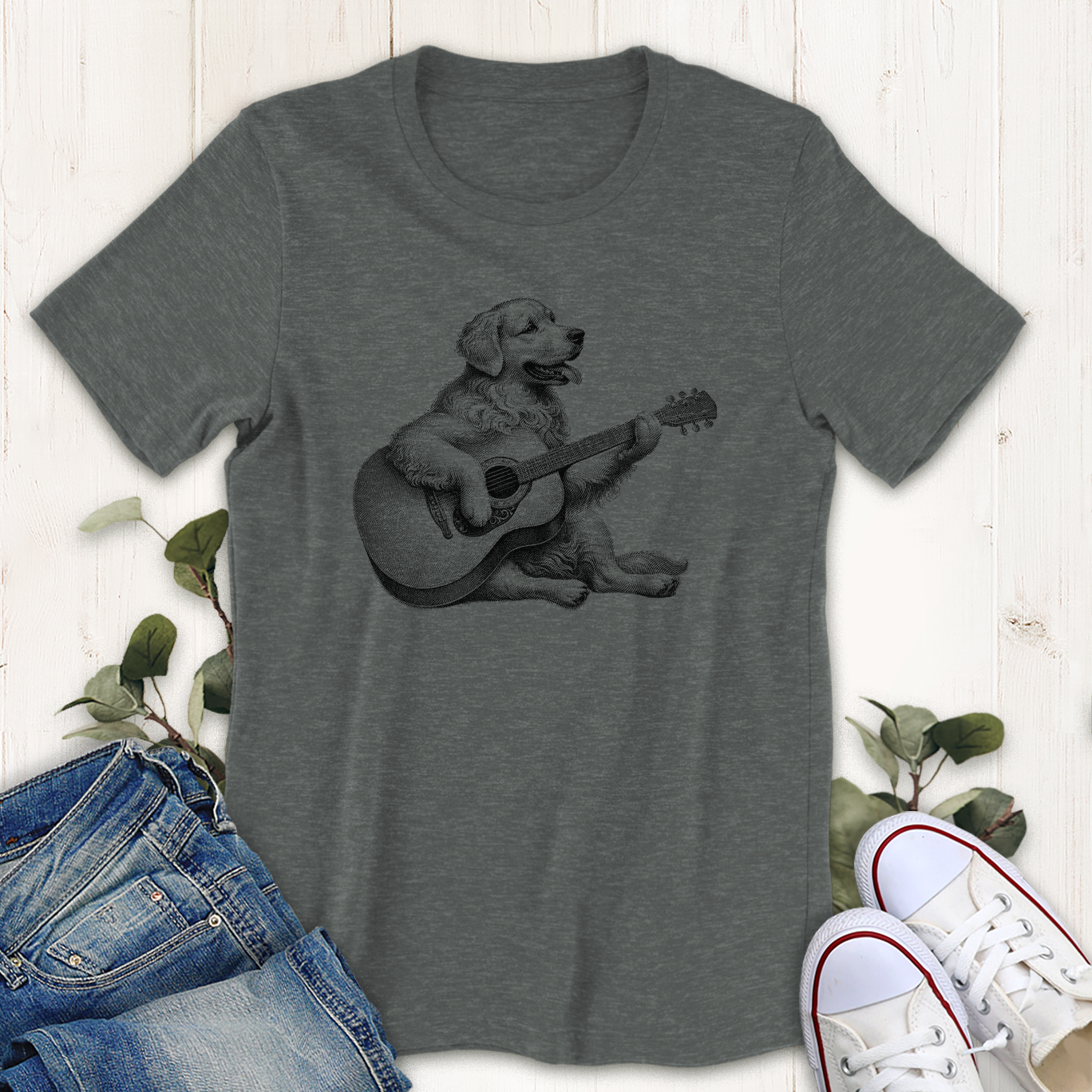 Deep heather grey Retriever dog guitar graphic t-shirt by Thistle and Brass