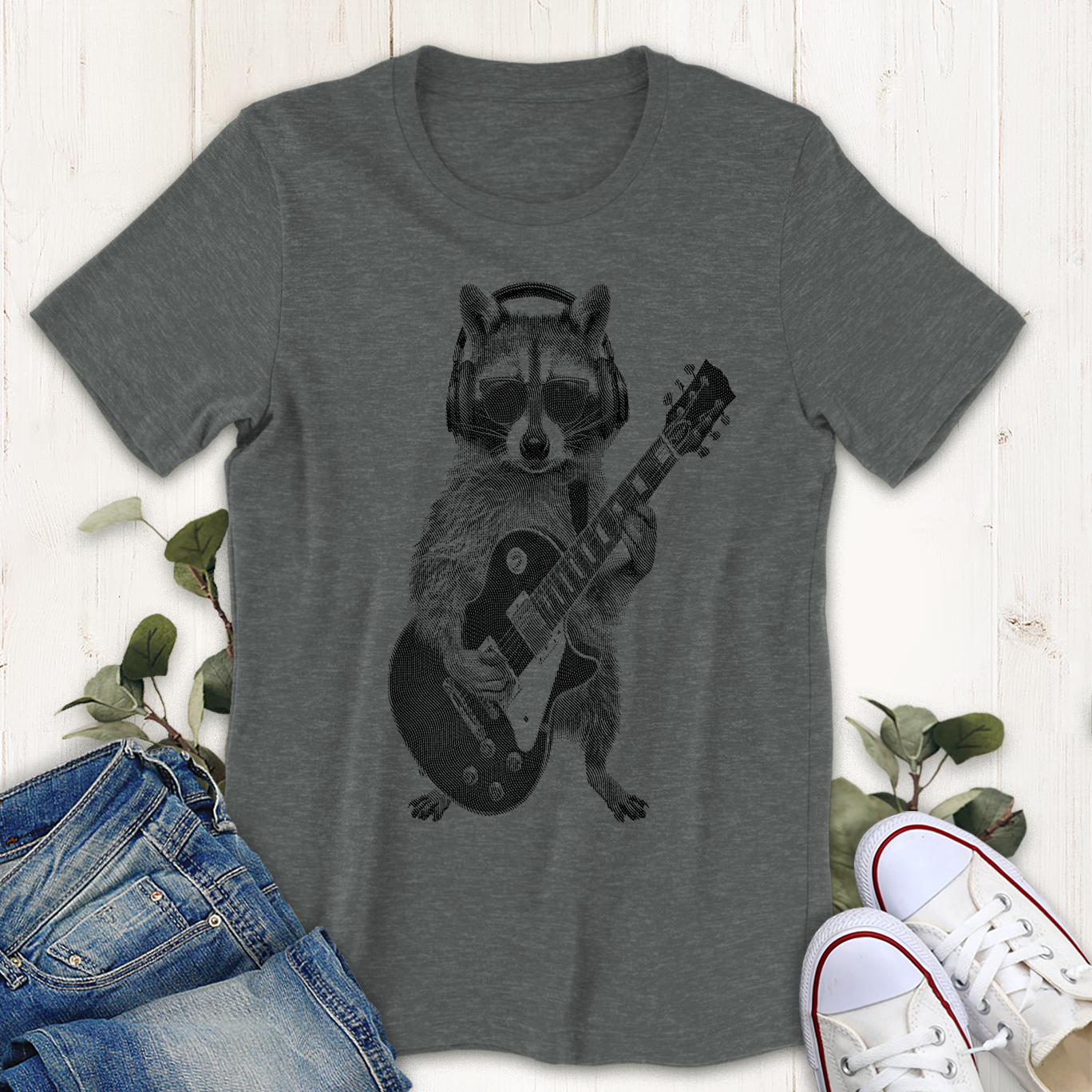 Deep heather grey rockin raccoon graphic t-shirt by Thistle and Brass