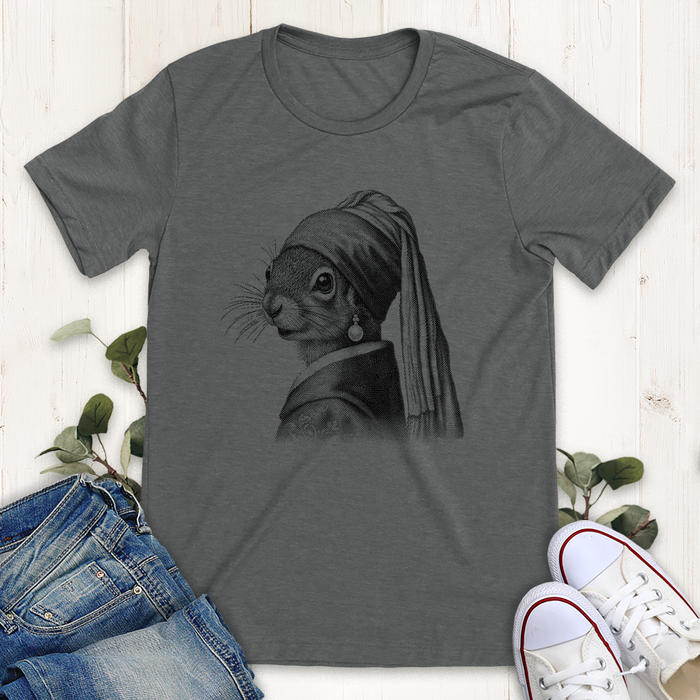 Deep heather Squirrel pearl earring graphic t-shirt by Thistle and Brass