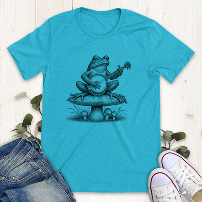 Heather aqua Banjo frog on a mushroom graphic t-shirt by Thistle and Brass