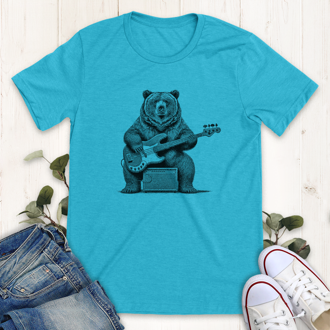 Heather aqua blue bass guitar playing grizzly bear graphic t-shirt by Thistle and Brass