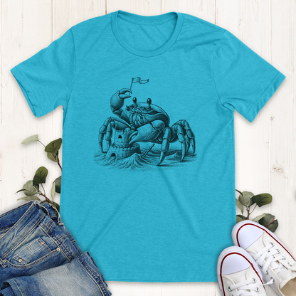 Heather Aqua Blue crab sand castle graphic t-shirt by Thistle and Brass