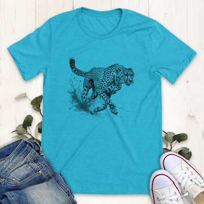 Heather aqua cheetah running hunting printed graphic t-shirt by Thistle and Brass