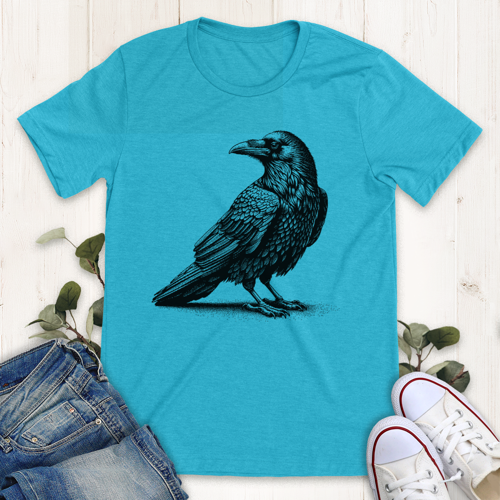 Heather Aqua Curious Raven t-shirt from Thistle and Brass