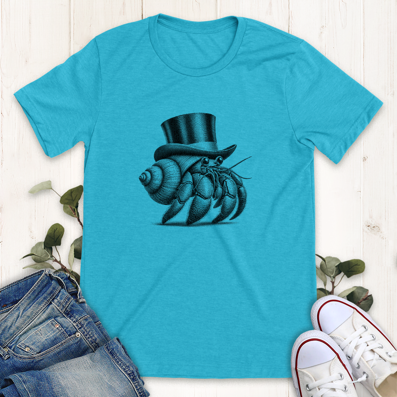 Heather aqua dapper hermit crab graphic t-shirt by Thistle and Brass