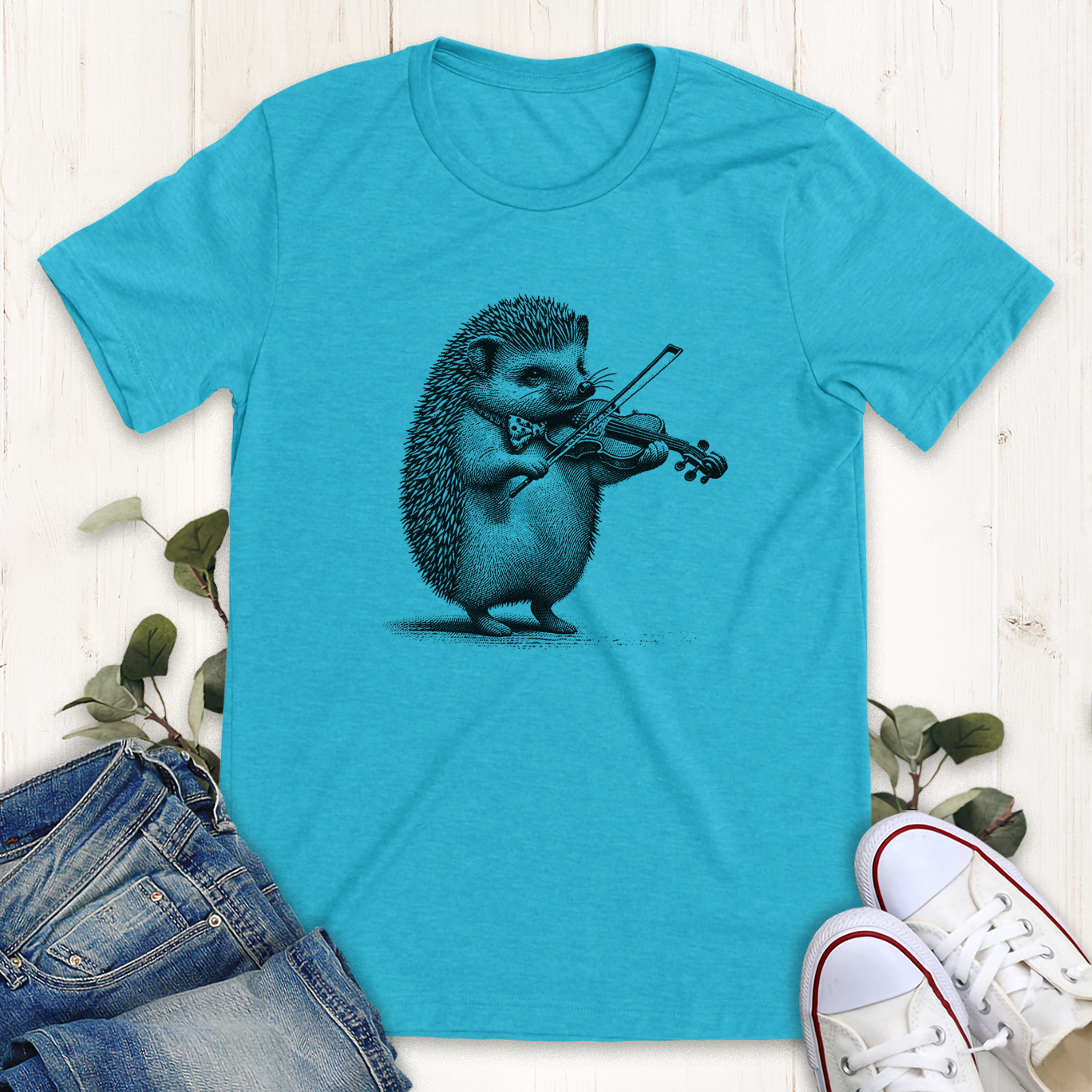 Heather Aqua Hedgehog Violin graphic t-shirt by Thistle and Brass