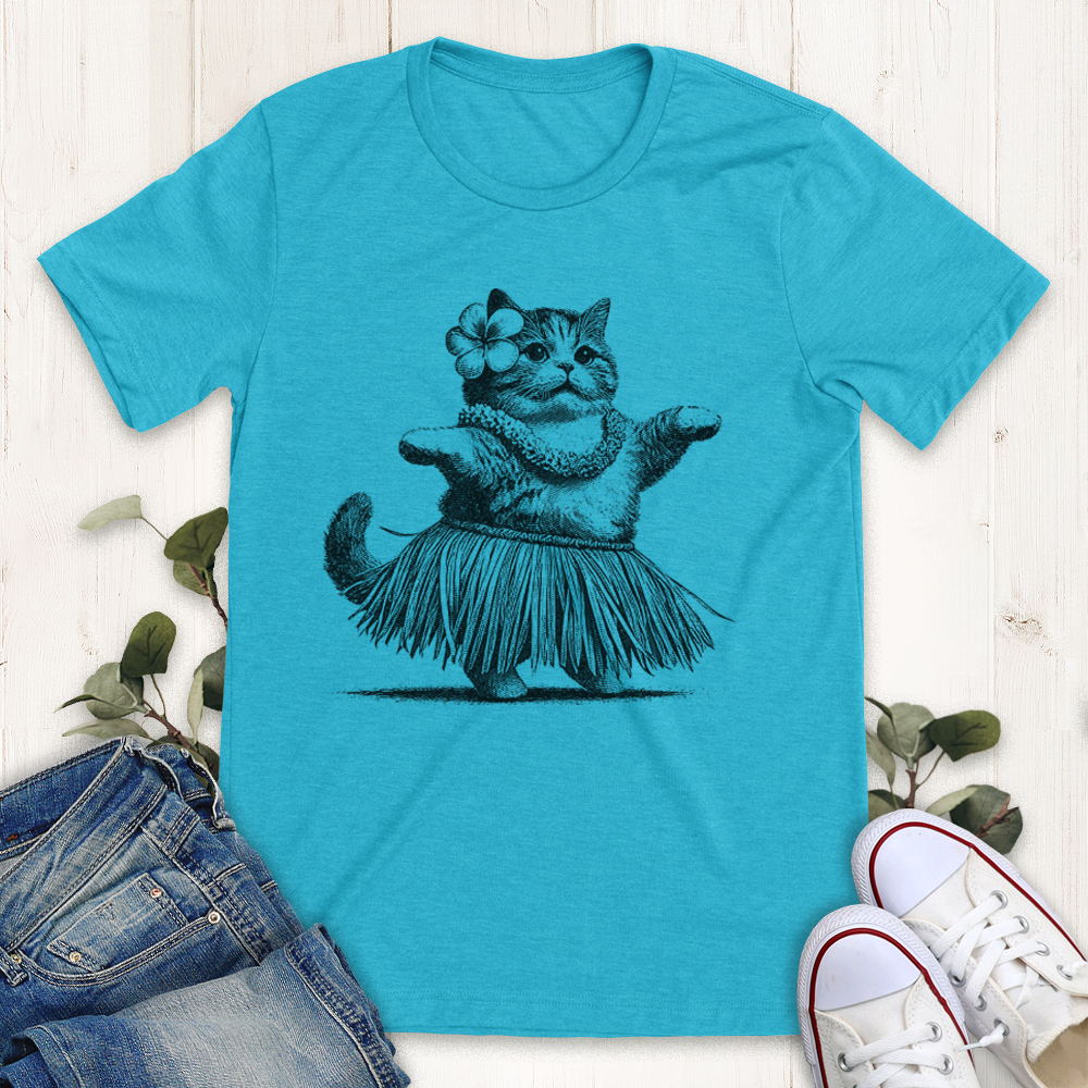 heather aqua Hula Cat graphic T-shirt from Thistle and Brass