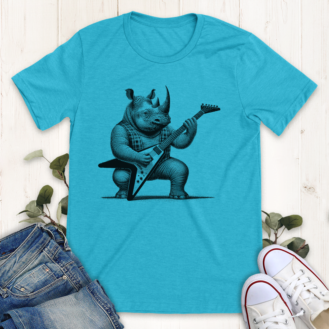 Heather Aqua Blue heavy metal guitar playing rhino graphic t-shirt by Thistle and Brass