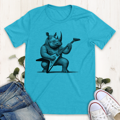 Heather Aqua Blue heavy metal guitar playing rhino graphic t-shirt by Thistle and Brass