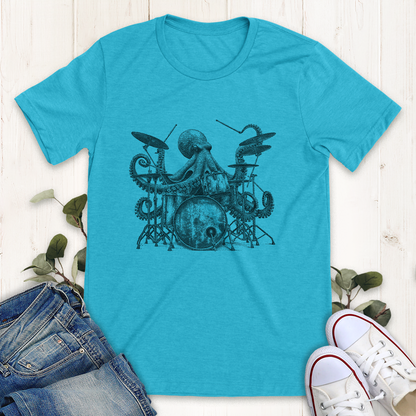 Heather aqua blue octopus playing drums graphic t-shirt by Thistle and Brass