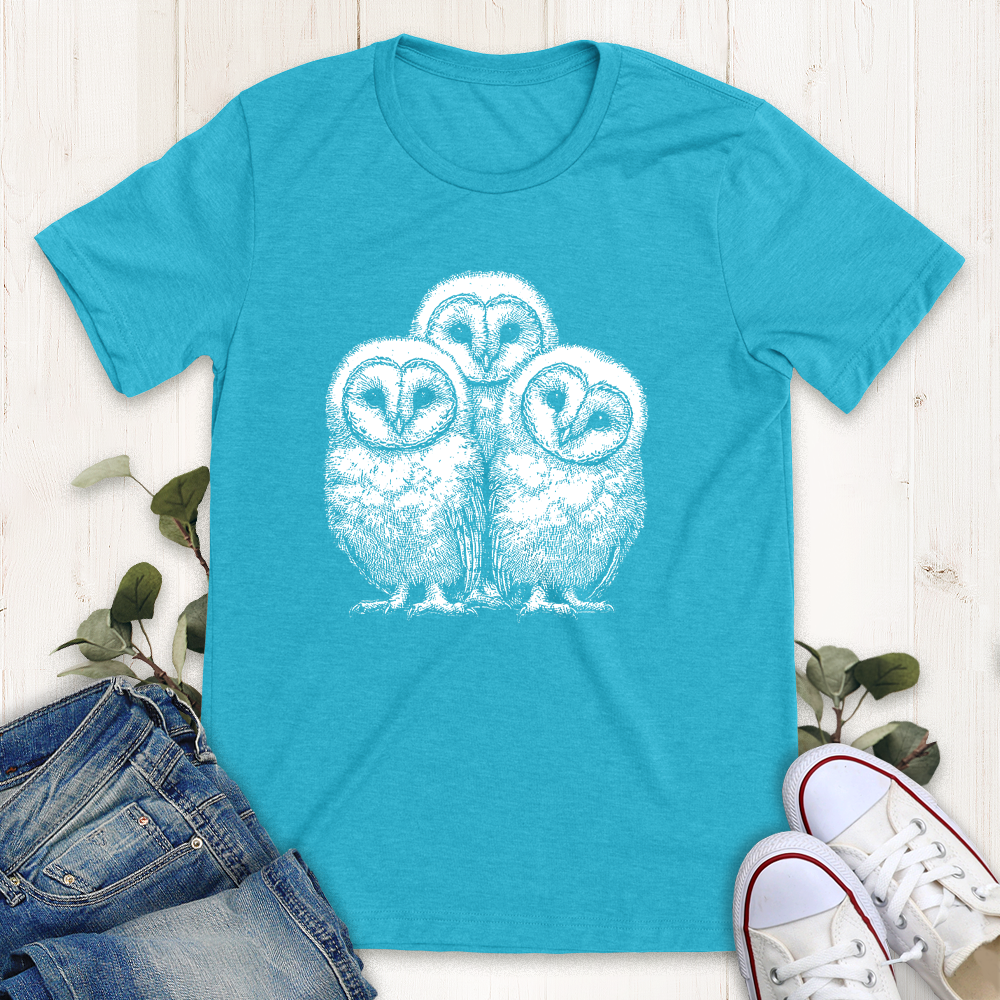 Heather aqua Owlet Trio graphic tee by Thistle and Brass