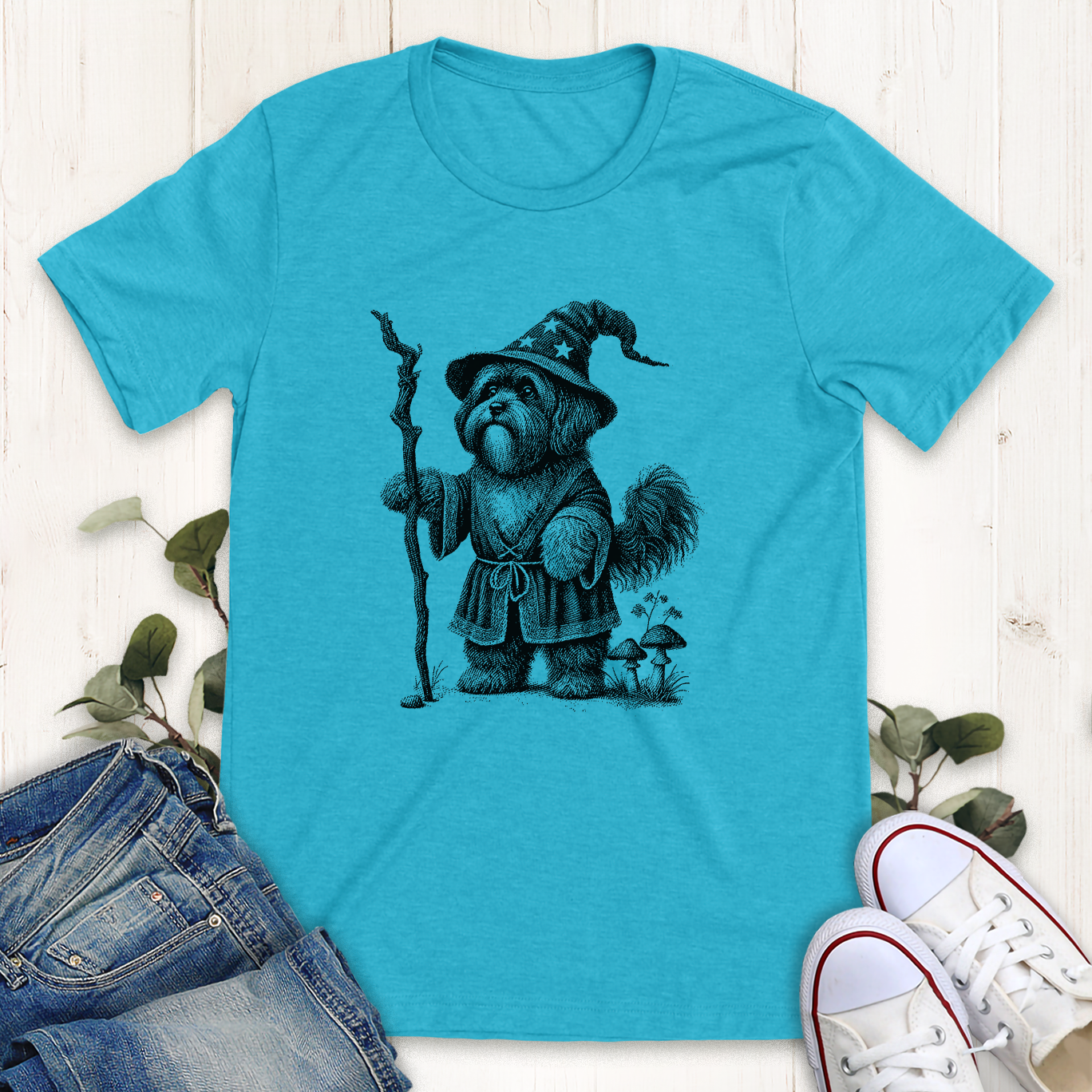 Heather aqua wizard ShihTzu dog graphic t-shirt by Thistle and Brass