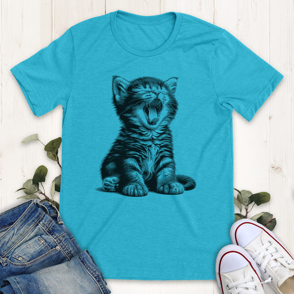 Heather aqua Yawning Kitty graphic t-shirt from Thistle and Brass