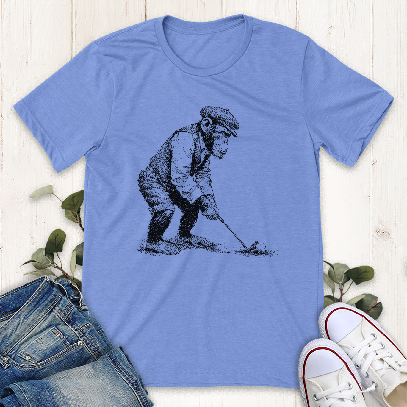 Heather cornflower blue Golfing Chimp graphic t-shirt by Thistle and Brass