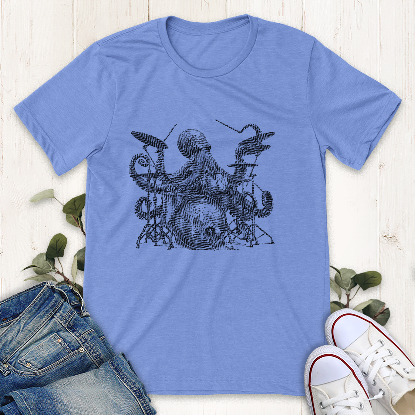 Heather blue octopus playing drums graphic t-shirt by Thistle and Brass