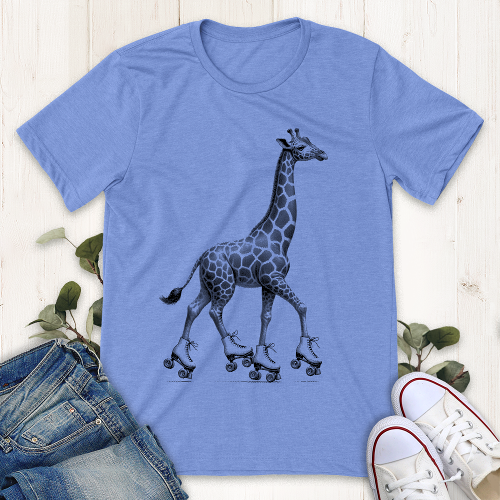 Heather cool blue roller skating giraffe graphic t-shirt by Thistle and Brass