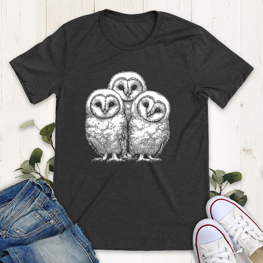 Heather Dark Grey Owlet Trio graphic tee by Thistle and Brass