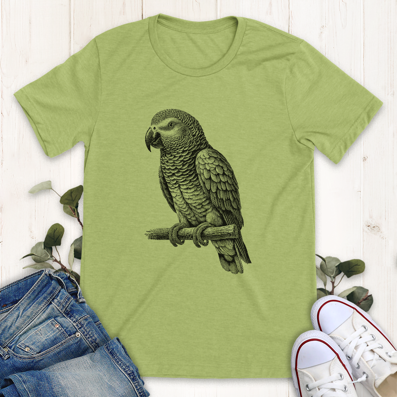 Heather Green African grey parrot graphic t-shirt by Thistle and Brass