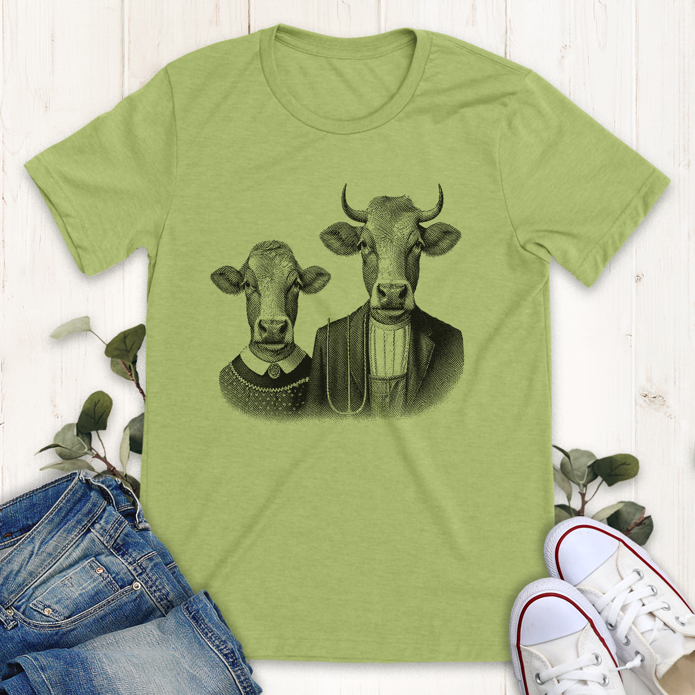 Heather green American Cow Gothic graphic t-shirt by Thistle and Brass