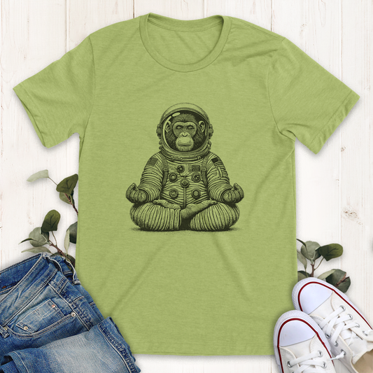 Heather green Astronaut Chimp doing yoga graphic t-shirt by Thistle and Brass