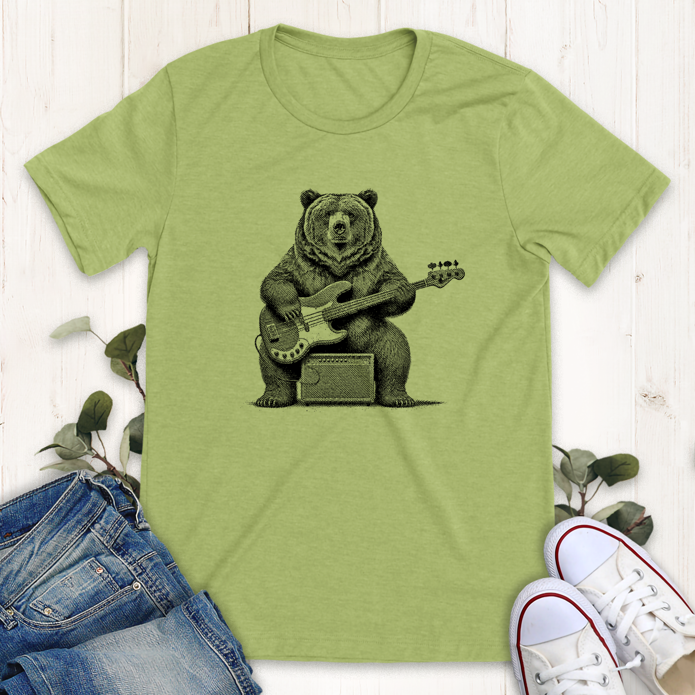 Heather green bass guitar playing grizzly bear graphic t-shirt by Thistle and Brass