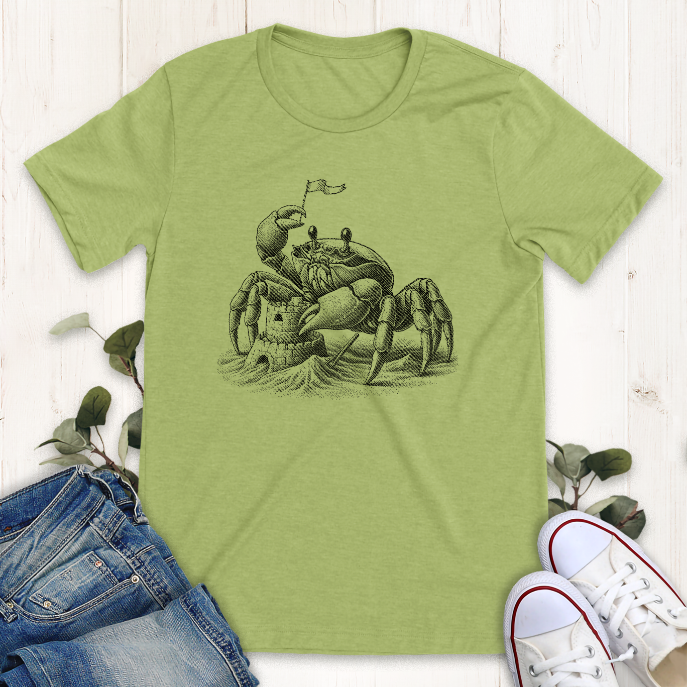 Heather Green crab sand castle graphic t-shirt by Thistle and Brass