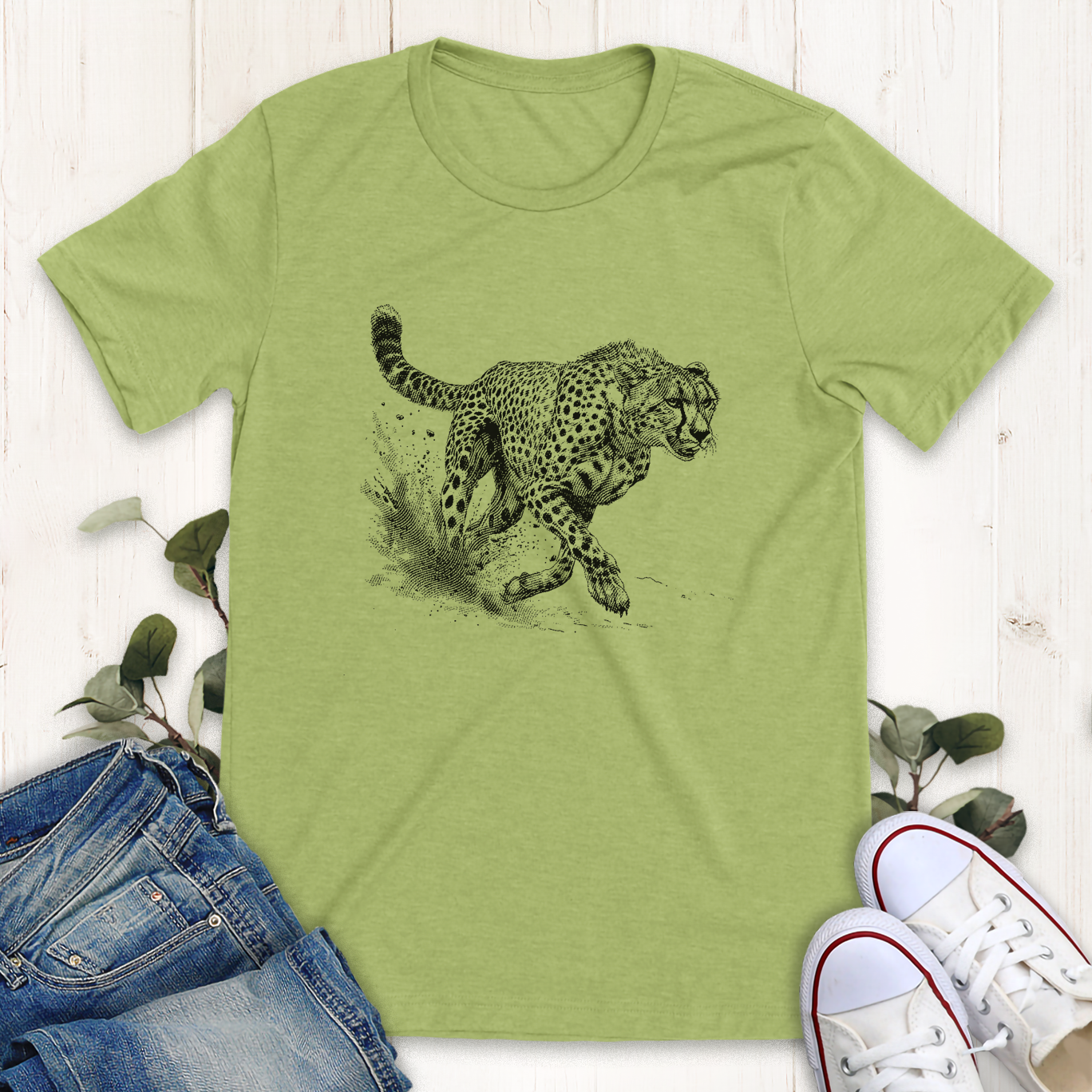 Heather green cheetah running hunting printed graphic t-shirt by Thistle and Brass