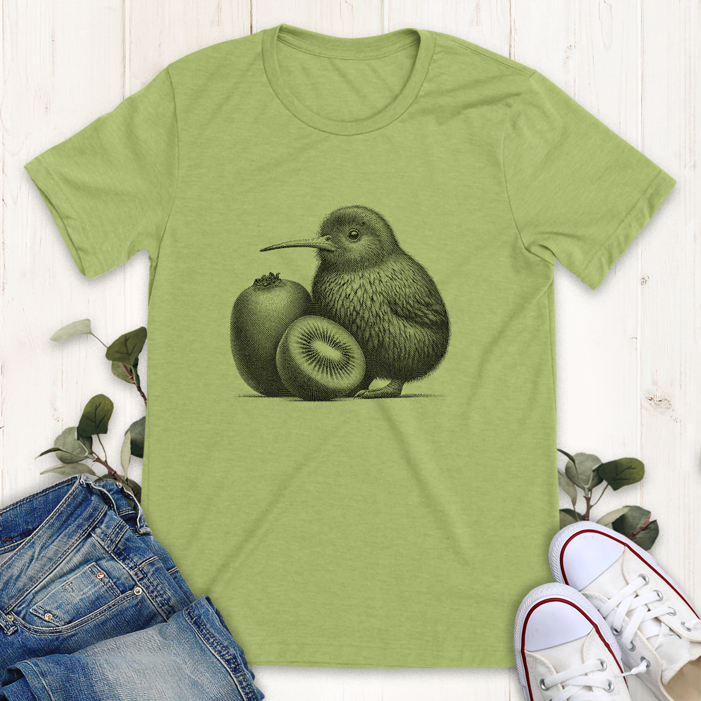 Heather green Kiwi bird with a kiwi graphic t-shirt by Thistle and Brass