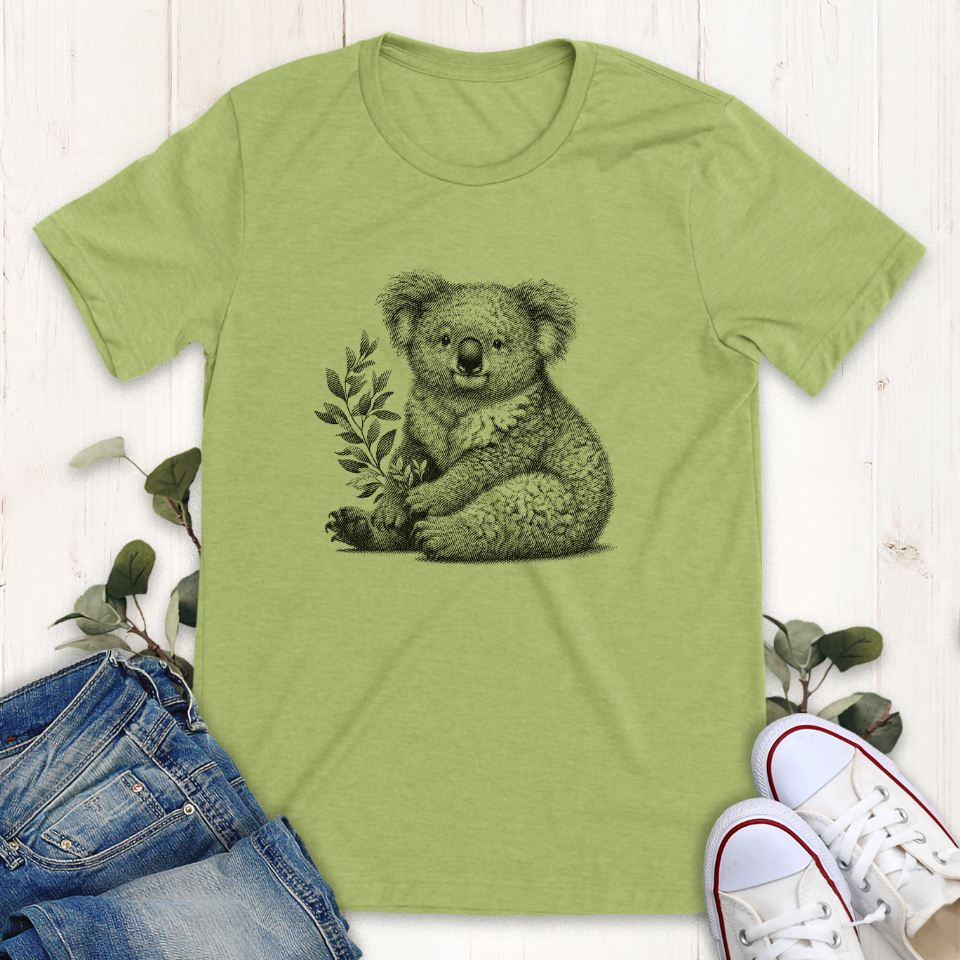 Heather green Koala with a branch graphic t-shirt by Thistle & Brass