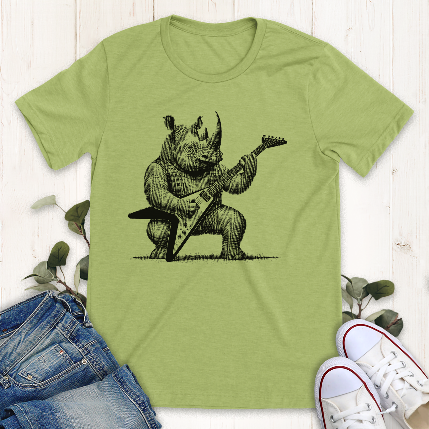 Heather Green heavy metal guitar playing rhino graphic t-shirt by Thistle and Brass