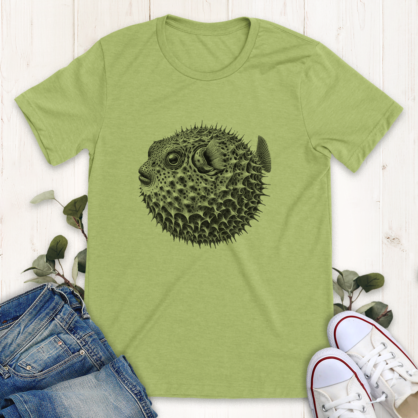 Heather green Puffer fish graphic t-shirt by Thistle and Brass