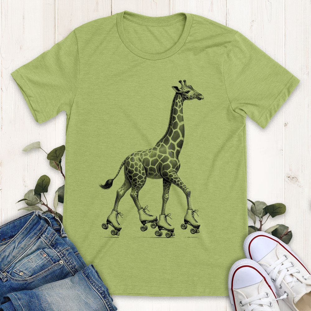 Heather green roller skating giraffe graphic t-shirt by Thistle and Brass