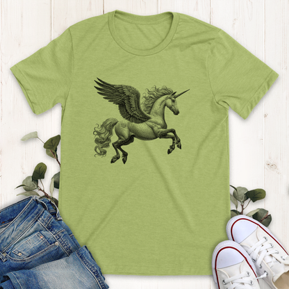 Heather green color winged unicorn in flight  graphic t-shirt by Thistle and Brass