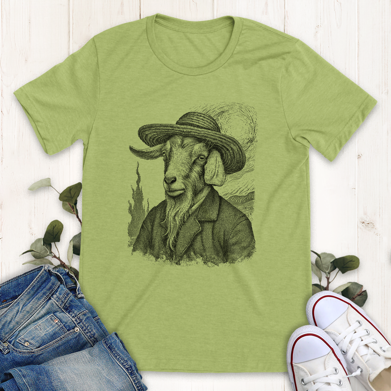 Heather green Van Goat graphic t-shirt by Thistle and Brass