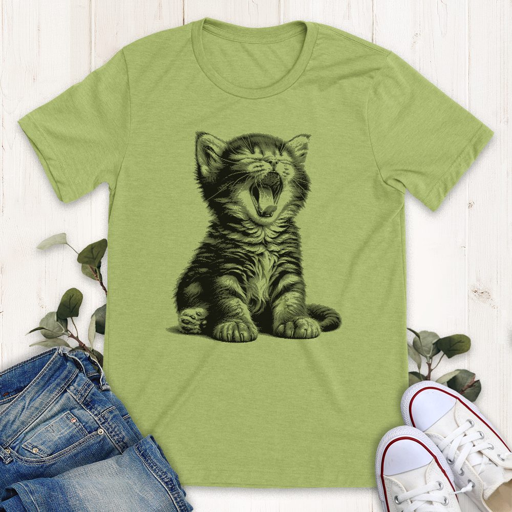 heather green Yawning Kitty graphic t-shirt from Thistle and Brass