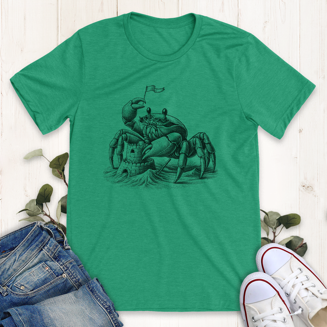 Heather kelly green crab sand castle graphic t-shirt by Thistle and Brass