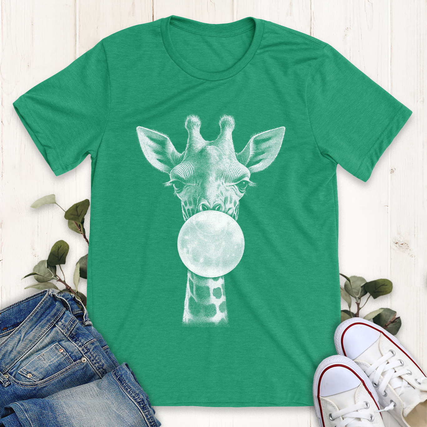 Heather kelly green giraffe bubblegum graphic t-shirt by Thistle and Brass