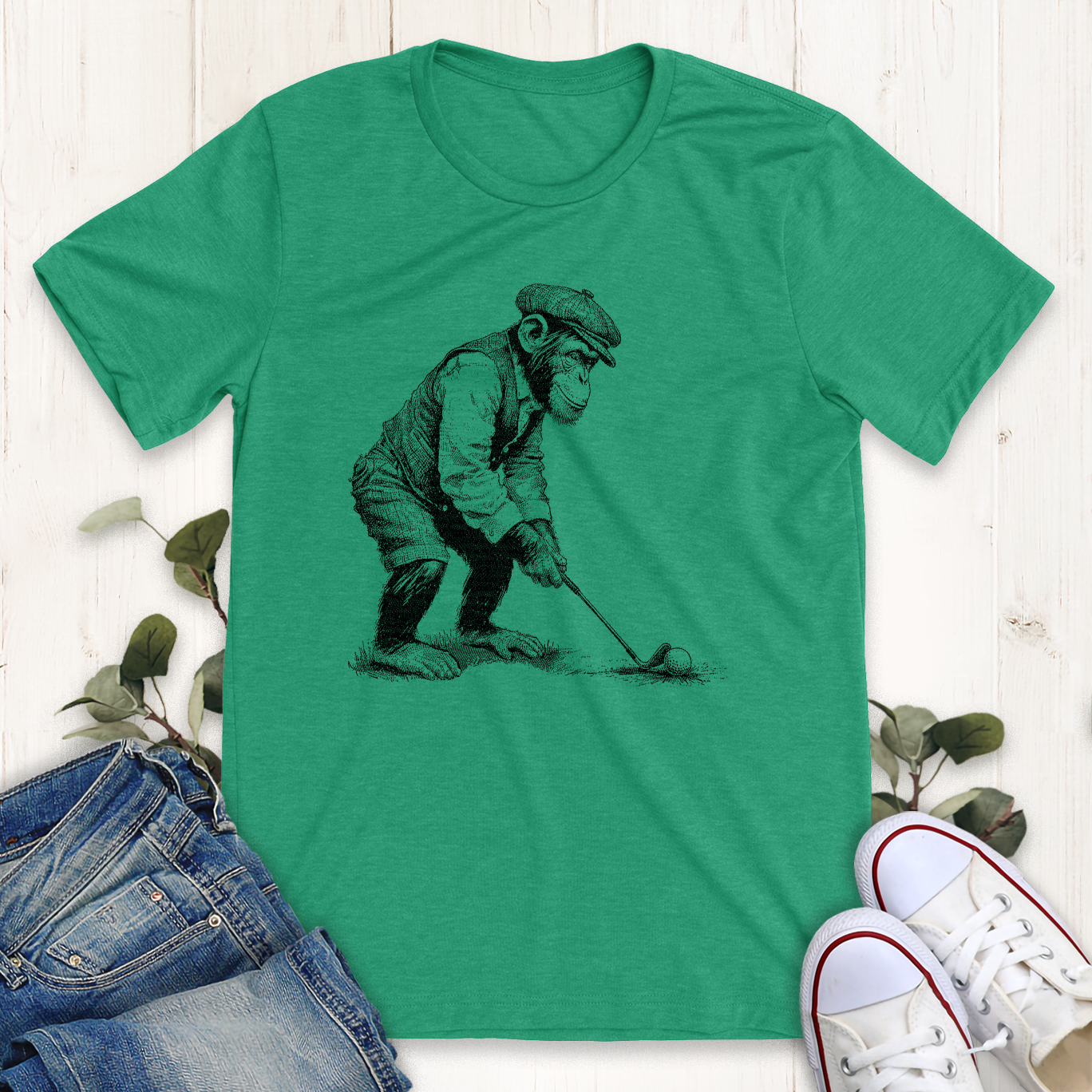 Heather Kelly green Golfing Chimp graphic t-shirt by Thistle and Brass