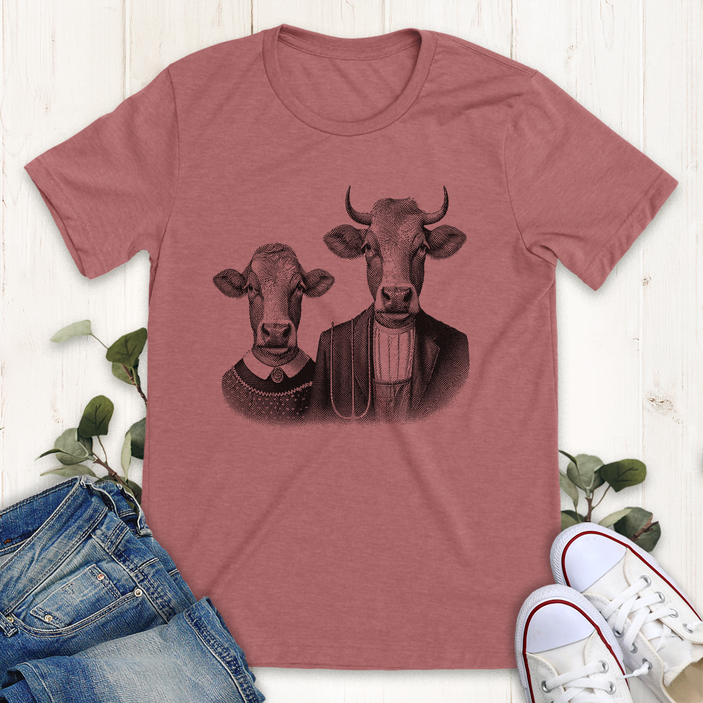 Heather mauve American Cow Gothic graphic t-shirt by Thistle and Brass