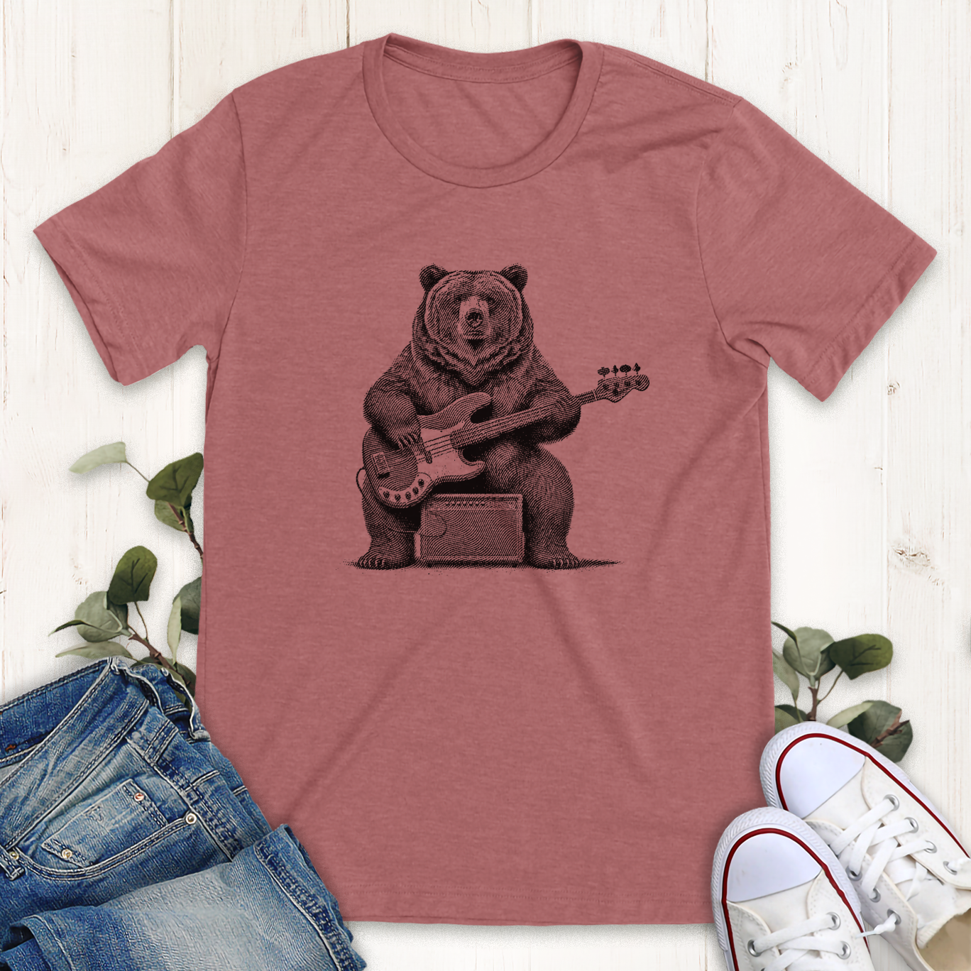 Heather mauve bass guitar playing grizzly bear graphic t-shirt by Thistle and Brass