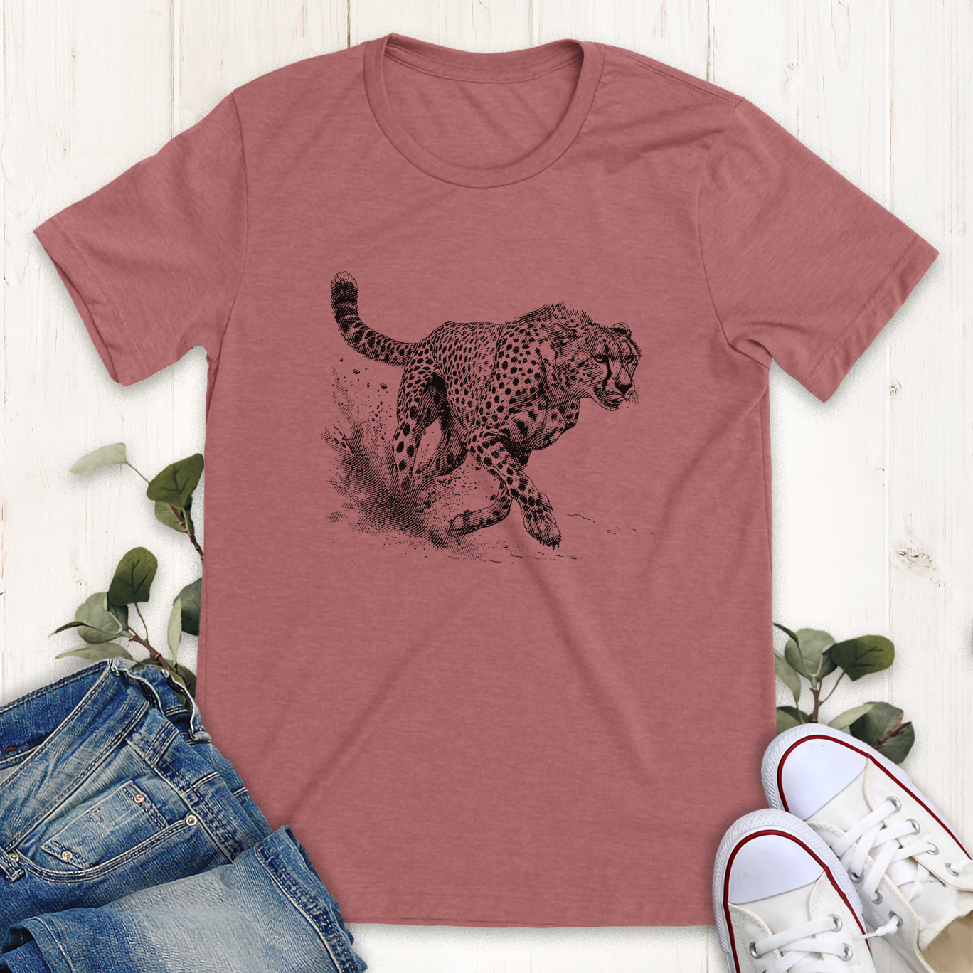 Heather mauve cheetah running hunting printed graphic t-shirt by Thistle and Brass