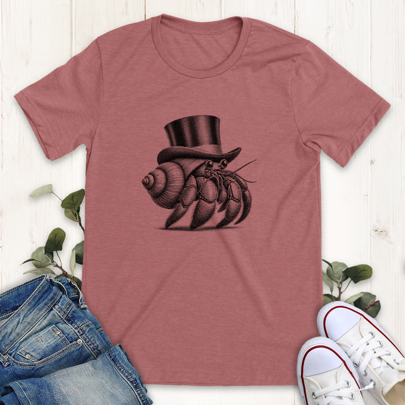 Heather mauve dapper hermit crab graphic t-shirt by Thistle and Brass