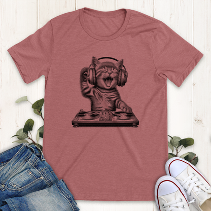 Heather mauve DJ cat graphic t-shirt by Thistle and Brass