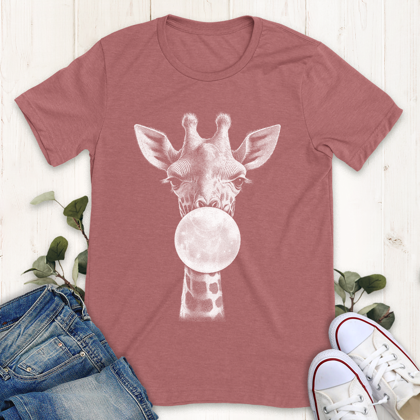 Heather mauve giraffe bubblegum graphic t-shirt by Thistle and Brass