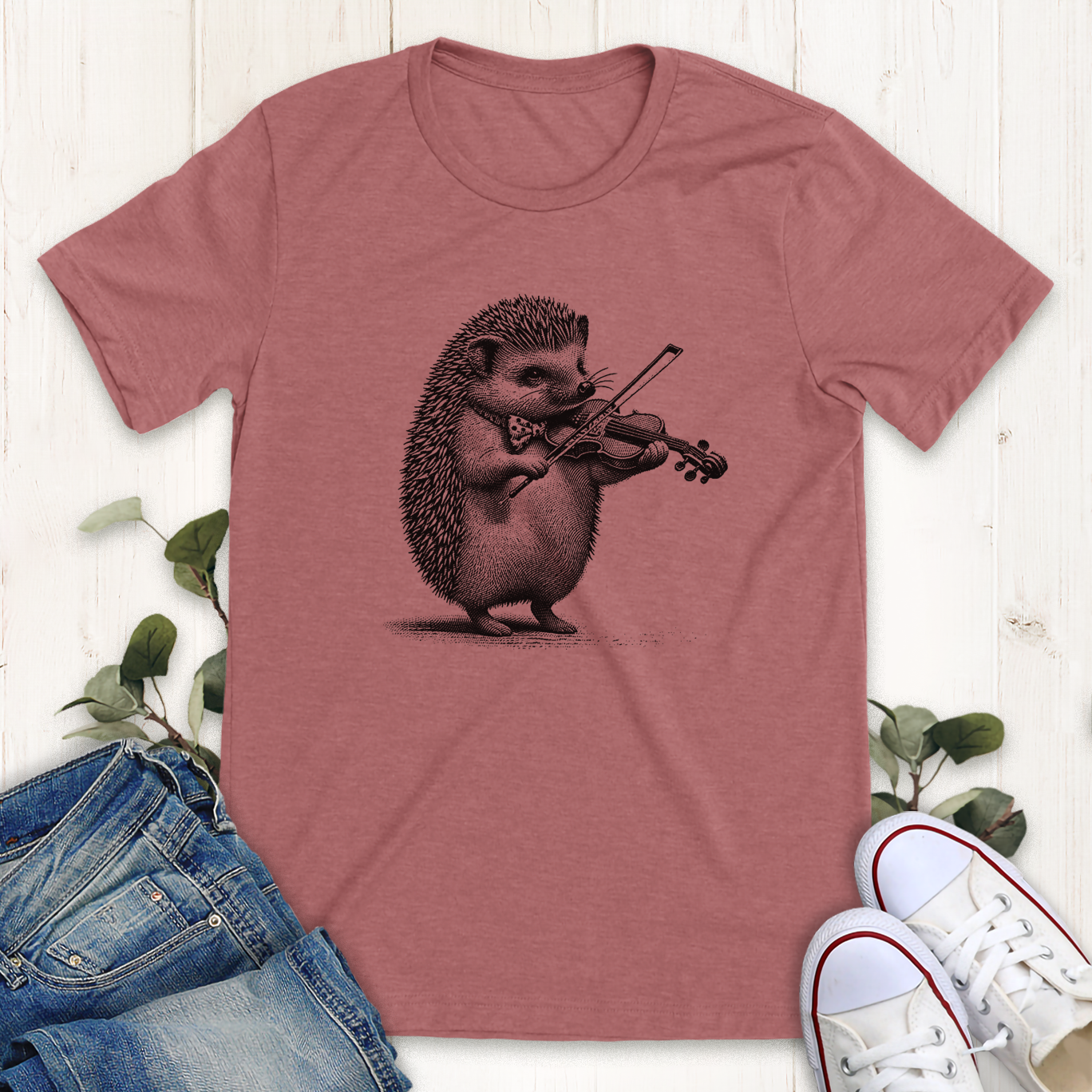 Heather Mauve Hedgehog Violin graphic t-shirt by Thistle and Brass