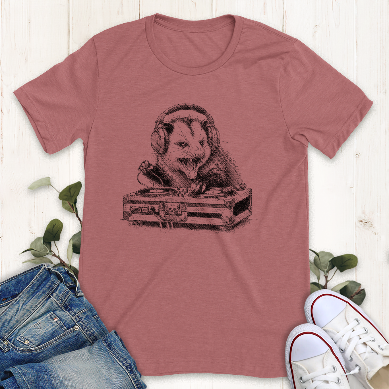 Heather mauve opossum DJ graphic t-shirt by Thistle and Brass