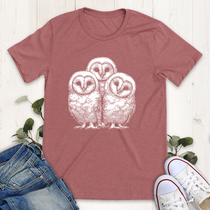 Heather mauve Owlet Trio graphic tee by Thistle and Brass